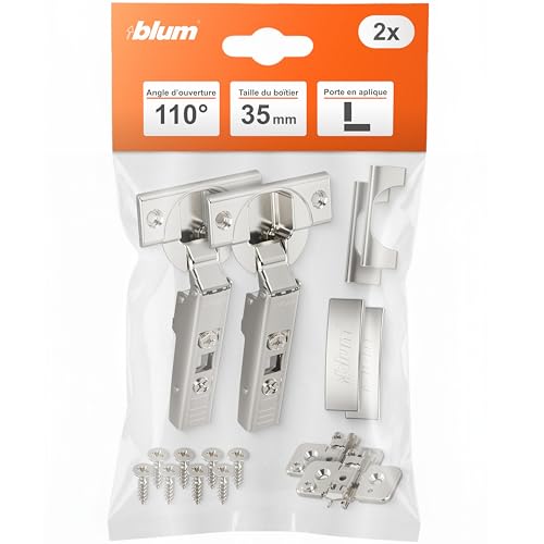 Blum Clip Top Lot de 2 charnières droites à 110 ° pour meuble, avec ressort, vis, butée d'angle + clip Blum Clip, plaque de montage en croix excentrique, acier, vis,...