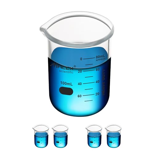 Maccx 3.4oz(100ml) Sturdy Glass Beaker, 3.3 Borosilicate Griffin Low Form with Printed Graduation, Pack of 4, BKL100-004