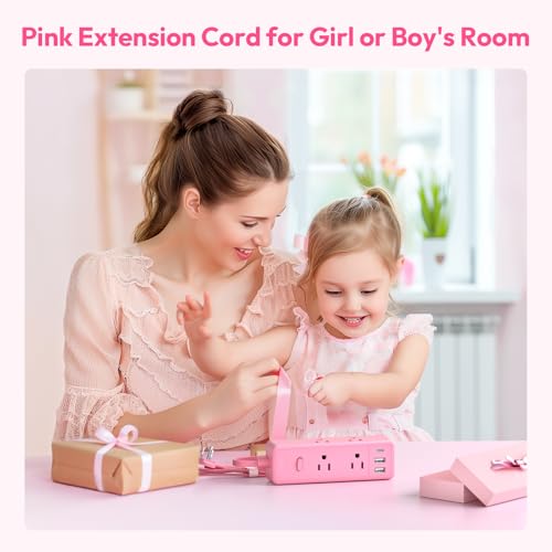 NTONPOWER Pink Extension Cord 10 ft, Protector contra Sobretensiones 1080 Joules, Regleta con 6 Tomas y 3 USB (1 USB-C), Cable de Extensión Plano para Hogar Oficina Dormitorio miniatura 2