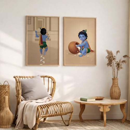 Image of TheMakerly Traditional Indian Wall Painting Set of 2 | Radha Krishna Wall Art Frames | Vintage Religious Wall Decor for Living Room Bedroom Home Temple (KR01, 13x19 inches)