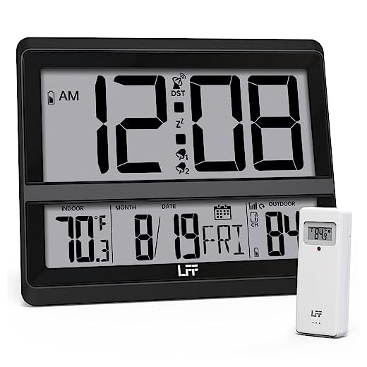 LFF Atomic Clock Large Display, Digital Wall Clock with Indoor Outdoor Temperature and Date, Wireless Outdoor Sensor, Digital Desk Alarm Clock Battery Operated for Bedroom, Easy to Read, Black