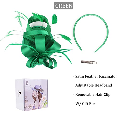 FELIZHOUSE Fascinator Hats for Women Ladies Feather Cocktail Tea Party Hats Bridal Headpieces Ascot Fascinator Headband (Satin Green) - Thumbnail 5