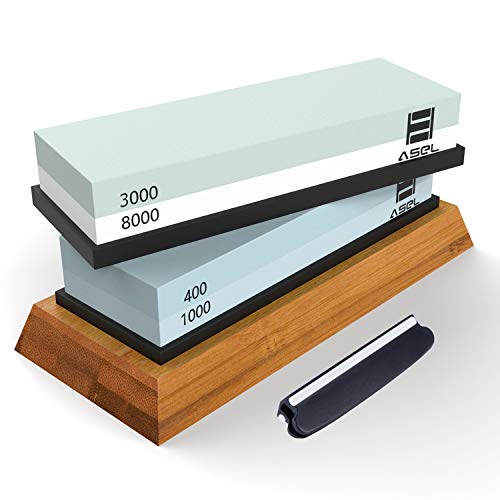 Premium Knife Sharpening Stone Kit, ASEL 4 Side 400/1000 3000/8000 Grit Whetstone, Best Kitchen Blade Sharpener Stone, Non-Slip Bamboo Base and Bonus Angle Guide Included