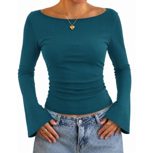 Rapbin Boat Neck Tops for Women Bell Long Sleeve R