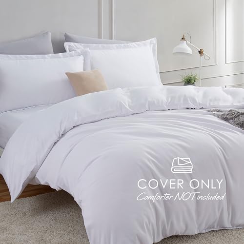 Image of Hearth & Harbor White Duvet Cover with Fitted Sheet Cal King Size | 4 Piece Soft Double Brushed Bedding Set, Button Closure, 1 Duvet Cover 104x98 Inches, 1 Fitted Sheet, 2 Pillow Shams