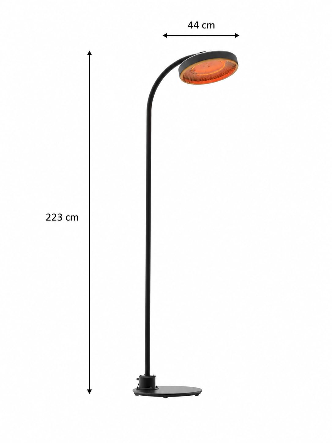 Elektryczny grzejnik stojący 2000 W – odporny na warunki atmosferyczne IP65, Ø 44 cm, wysokość 223 cm, elegancki czarno-złoty design, stabilna podstawa