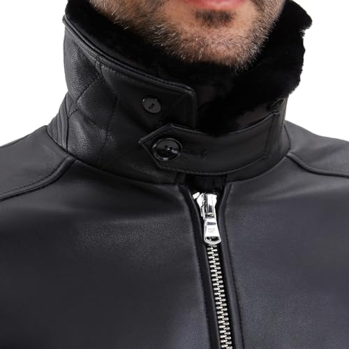 Leather Jacket Men,Lambskin Bomber Jacket with Removable Real Fur Collar,Front Zip Closure, Multiple Pockets2