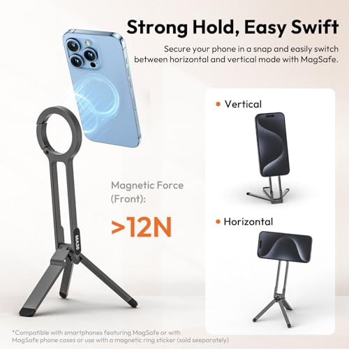 Image of ULANZI MA30 Magnetic Phone Tripod Stand for iPhone-Aluminium Maglock Smartphone Mini Tripod Pocket Cell Phone Stand Strong Magnet Quick Mount Compatible with iPhone 17 16 15 14 13 12 Series, Dark Gray