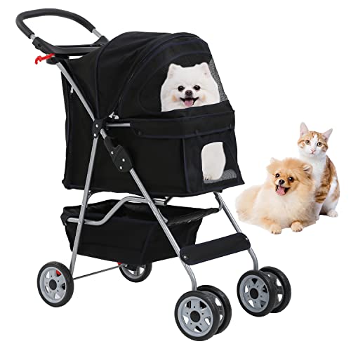 4 Wheels Dog Stroller, Pet Cat Jogger Stroller, Folding Carrier Waterproof Puppy with Cup Holder &...