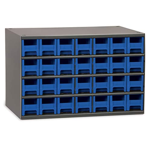 Akro-Mils Steel Garage Storage Cabinet, Small Parts Organizer Metal Cabinet for Hardware, Nails, Screws, Bolts, Nuts, and More, 17" W x 11" D x 11" H, 28-Drawer, Gray Cabinet/Blue Drawers (19228)