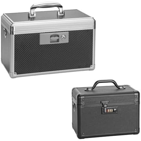 Vilcjson Medicine Lock Box 【13.4'' x 7.6'' x 8.2'' Key + 11.2'' x 7.4'' x 6.8'' Code】 2 Pcs Security Lock Boxes, Locking Medicine Storage Box with Shoulder Strap, Black Cover