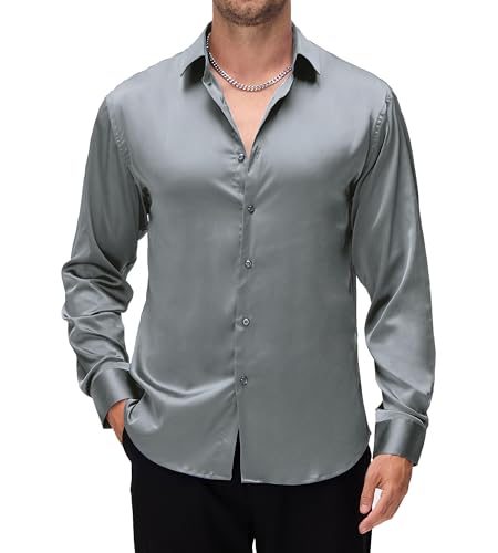 Alex Vando Mens Luxury Satin Dress Shirt Long Sleeve Silk Shiny Sateen Party Shirt