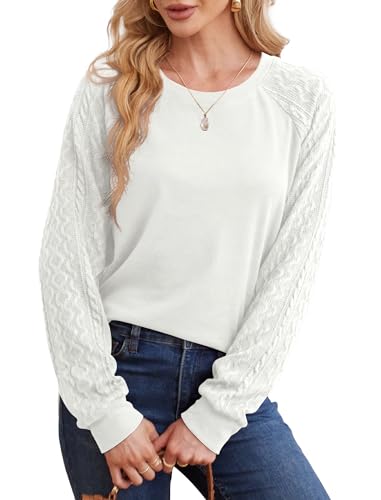 Image of Saloogoe Sweatshirts for Women Crewneck Cable Knit Sleeve Sweaters Lightweight Fashion 2025