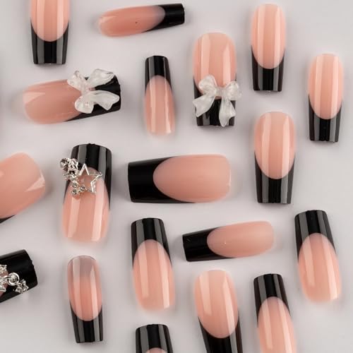 Image of Black Press on Nails French Tip Fake Nails Bow Glue on Nails with Star Design Medium Square False Nail Reusable Artificial Acrylic Glossy Full Cover Stick on Nail for Women Manicure 24Pcs