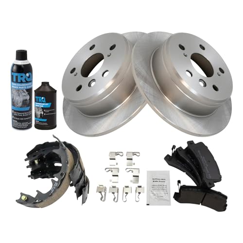 Image of TRQ Rear Brake Pad & Rotor Kit, with Chemical Kit Parking Brake Shoe Set Semi-Metallic Compatible with 1997-1999 Lexus ES300 1992-1999 Toyota Camry 1999 Solara