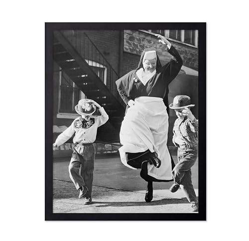Poster Master Vintage Irish Dancing Poster - Retro Dancing Nun Print - Saint Patrick's Day Art - Ireland Art - Gift for Him, Her, Men, Women - Decor for Bedroom, Living Room, 8x10 Black Framed