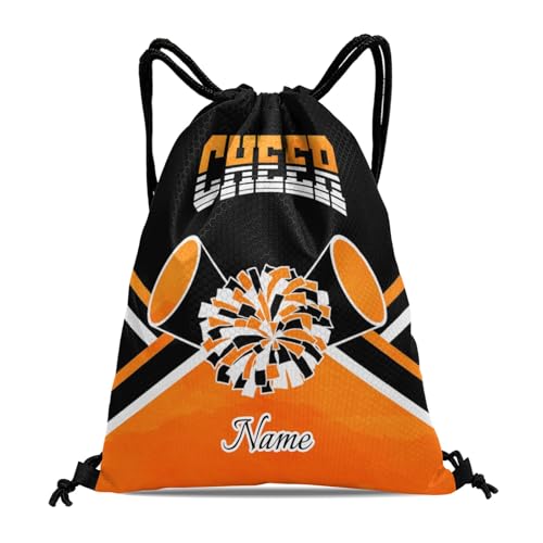 Personalized Cheerleader Drawstring Backpack Waterproof Sports Gym Sackpack Beach Sports String Bag Orange Cheer Bag for Men Women.