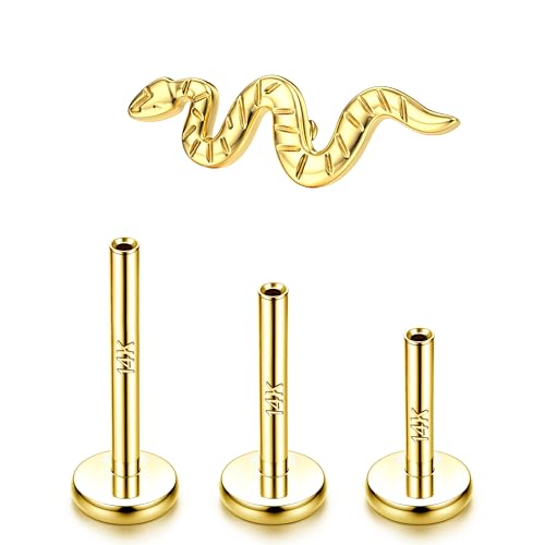 LOLIAS 16G 6mm 8mm 10mm Piercing Jewelry for Conch, Tragus, Helix, Flat, Earlobe - G23 Titanium Hypoallergenic Cartilage Earring, Internally Threaded Flat Back Stud Snake 14K Gold Plated