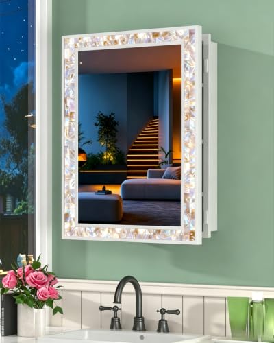Image of 20 inchx26 inch Hand-Inlaid Natural Shell White Medicine Cabinet Mirror for Bathroom, Bedroom, Living Room, Entryway, Easy to Install Left or Right Opening Bathroom Wall Cabinet Recessed and Surface Mount