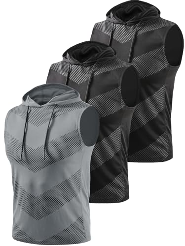 Vislivin 3 Pack Men's Gym Hooded Tank Tops Sleeveless Muscle Vest with Hoodie Quick Dry Workout Running T-Shirts Black/Black/Dark Gary-L