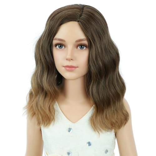 Image of PATTNIUM Brown Ombre Wig for Kids Girls Short Curly Wavy Wigs Brown Side Part Shoulder Length Heat Resistant Synthetic Wig Halloween Cosplay Costume Party Daily Wigs