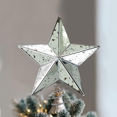 Gejoy 9.8 Inch Christmas Tree Topper Antique Mercury Glass Star Miniature Star Treetop Xmas Treetop Ornament for Tree Home Farmhouse Holiday Party Decorations(Silver, Vintage)