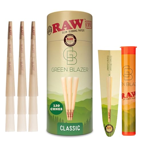 RAW Cones Classic King: 150 Pack Pre Rolled RAWthentic Rolling Papers with Tips Food Grade Container 109mm Green Blazer Preroll Loader