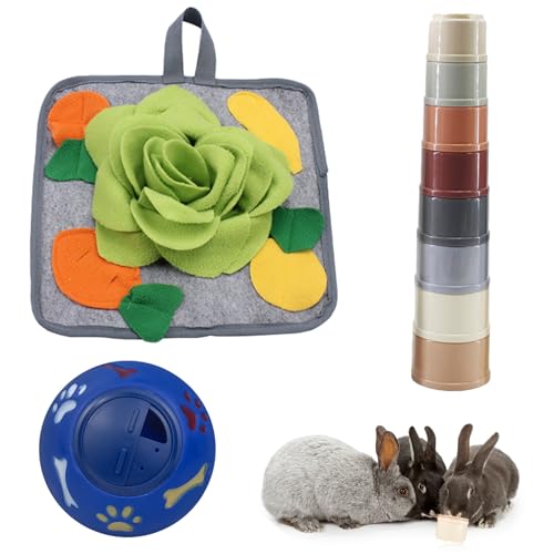 AOTLEE 3-in-1 Rabbit Toys-Exercise & Enrichment Set with Stacking Cups + Snuffle Mat + Activity Treat Ball – Great Value Bunny Toys