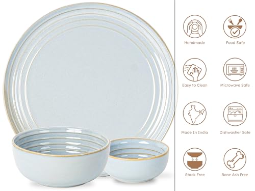 Image of Bodhi House Handcrafted Chip Resistance Porcelain Dinner Set, 14 Pieces Dish Set Serving for 6, Microwave and Dishwasher Safe, Bone-ash Free, Crockery Set for Dining and Gifting, Arctic Blue