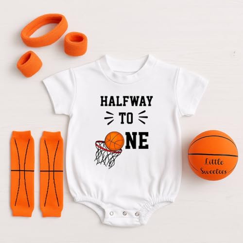 Half Way To One 6 Month Birthday Bodysuit Basketball Net Design Bubble Romper Outfit Headband Wristbands Leg Warmers2