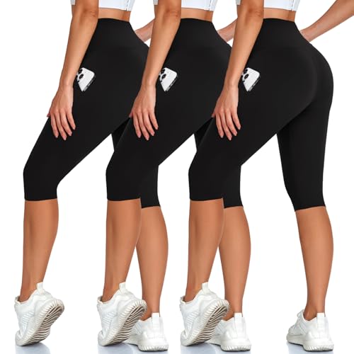 Hi Clasmix 3 Pack Leggings for Women–Knee Length Capri Tummy Control