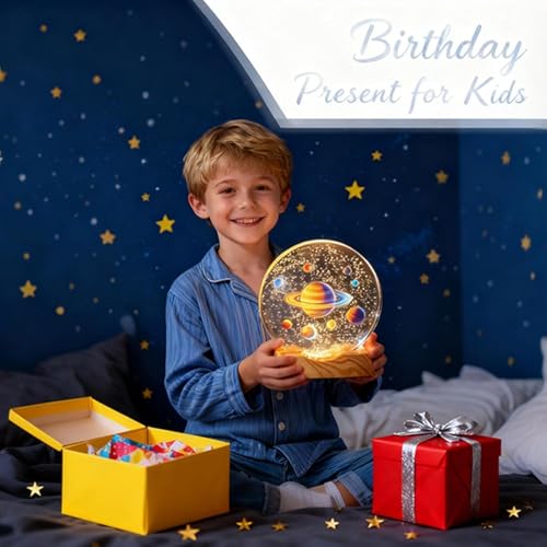 Image of 3D Acrylic Planets Crystal Ball Night Lamp with Wooden Base | Space Theme Saturn Light | Warm Light Table Lamp for Home Decor, Bedroom & Gifts | Aesthetic Night Light for Kids & Adults
