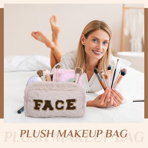 Paterr 4 Pieces Chenille Letter Preppy Patches Makeup Bag Plush Fuzzy Cosmetic Hair Face Skin Toiletry Travel Bag Pouch with Zipper Preppy Stuff for Girls Women(Brown)4