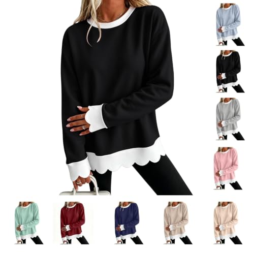 Black Sweatshirt for Women Cotton Crewneck Scalloped Hem Pullover Tops - image 1