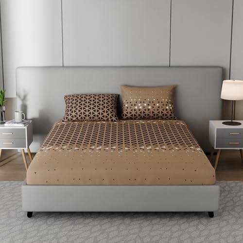 Image of BLISSHOME SoftTouch 150TC Cotton King Size Fitted Bedsheet with 2 Pillow Covers, Silky Smooth Bedding Set, Breathable, Easy Maintain, Geometric Pattern - Mocha Brown (183cm x 198cm + 25cm Drop)