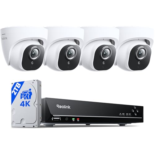 REOLINK 4K Security Camera System, 4pcs H.265 PoE Wired Turret Cameras with Person Vehicle Detection, 4K/8MP 8CH NVR with 2TB HDD for 24-7 Recording, RLK8-800D4
