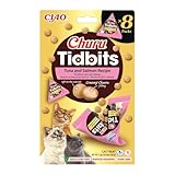 INABA Churu Tidbits Snack pour chats, friandises de poulet au thon et saumon - 8 Pack x 12 g - Snack doux avec remplissage crémeux - Nourriture pour chats sans conservateurs ni colorants artificiels