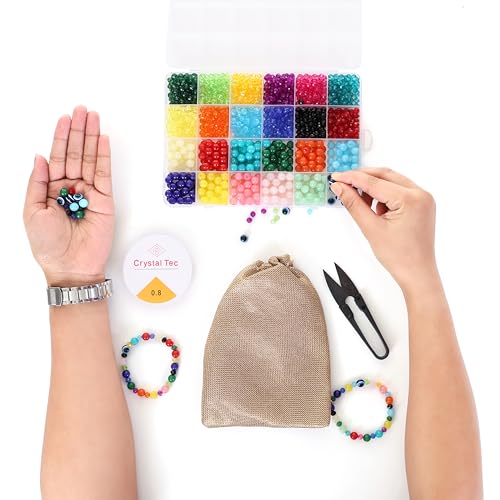 Image of ambitieux DIY Bracelet Making Kit - 24 Colorful Beads, 10m Elastic Thread, Jute Bag, and Cutter - Gift for Girls Birthdays (Crystal with Moon)
