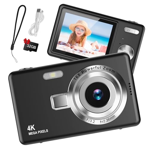 Digital Camera 1080P FHD Compact Camera 44MP Camera with 2.4″ LCD Screen,16X Digital Zoom Simple Vlogging Camera Portable Digital Camera with 32gb SD Card for Kids Teen Students Beginner (Black)
