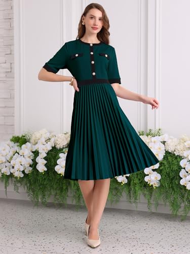 Image of Hobemty Women's Short Sleeve Pleated Dress 2025 Trendy Contrast Color Casual Work A-Line Midi Dresses