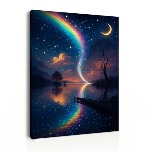 Canvas Wall Art 12x16 Inch Framed Night Sky Painting with Rainbow Moon and Stars Modern Wall Decoration for Living Room Bedroom Hallway and Stairs Artwork Wall Pictures with Hooks and Magic Tape