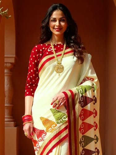 Image of AKHILAM Women's Kanjivaram Pure Soft Silk Saree With Unstitched Blouse Piece