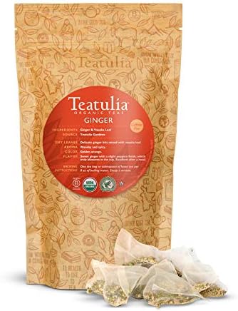 Teatulia Organic Ginger Tea & Vasaka Leaf Premium Herbal Blend | 50 Corn Silk Pyramid Tea Bags, Naturally Caffeine-Free Whole Leaf Tea Bags | Bulk Tea Pack for Organic, Herbal & Ayurvedic Tea Lovers