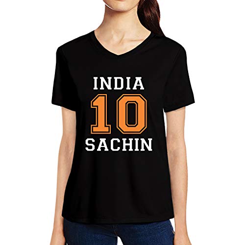 Image of Pooplu Women's Regular Fit Jersey No.10 Sachin Cotton Graphic Printed V Neck Half Sleeves Black & White t-Shirt. Sports, Cricket, Symbol Pootlu Tshirts