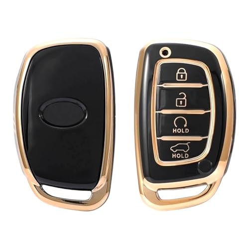 Image of TPU Car Key Cover Black & Golden Compatible for Hyundai Creta, Venue, I20 (2021),Alacazar, Elantra, Tuscon (Hyundai, 4 Button Push Smart Key New)