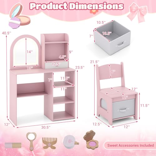 Image of Costzon Kids Vanity with Lights, Girls Vanity Set with Mirror, Storage Drawer, Hooks & Shelves, Toddler Makeup Vanity Desk Dressing Table, Wooden Kids Vanity Table and Chair Set (Pink)