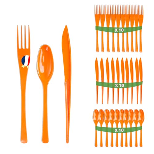 Set 30 couverts orange - Fabriquée en France - Ménagère orange de 10 fourchettes, 10 couteaux, 10 cuillères - Réutilisables et recyclables - Passe au lave...