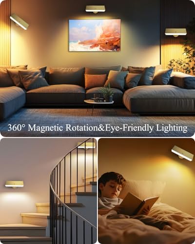 Image of iThird Battery Operated Wall Sconce Set of 2, Gold Rechargeable | Type-C 5V 1A charging, 360 rotation, 3000K /4000K /6000K, remote and button control