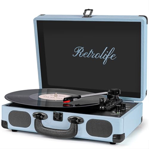 Vinyl Record Player 3-Speed Bluetooth Suitcase Portable Belt-Driven Record Player with Built-in Speakers RCA Line Out AUX in Headphone Jack Vintage Turntable Haze Blue