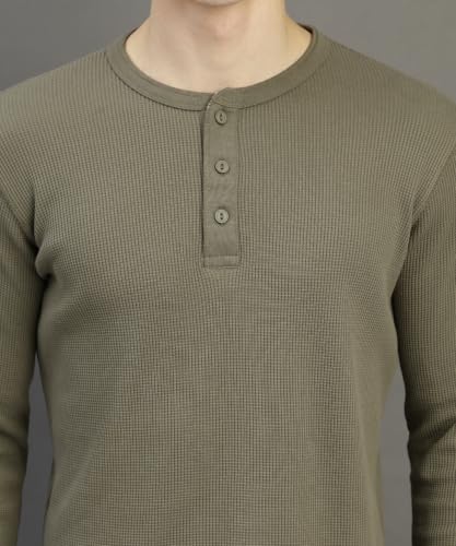 Image of Alan Jones Clothing Men's Regular Fit Waffle Henley Neck Long Sleeve T-Shirt | Cotton Waffle Knit | Casual Full Sleeve Top | Sizes S to 3XL
